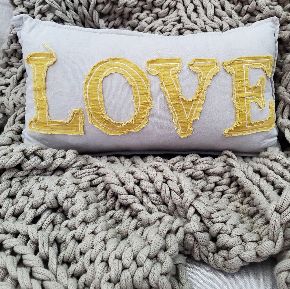 Boho Chic Accent Pillow, Tan, Yellow "Love" Zip Opening, 21"×11", New